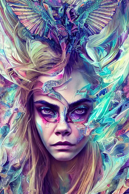 Image similar to an absolutely gorgeous portrait of Cara Delevigne by Android Jones, wings, fractals, Gorgeous colors, face symmetry, insane detail, gorgeous colors, strong composition, awe inspiring lighting, psychedelic, volumetric light, symmetry, subsurface scattering