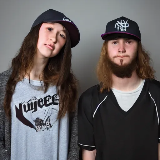 Prompt: 19-year-old girl with shaggy hair standing next to 19-year-old boy with baseball cap, stoner rock and nü metal coexisting, 2022 photograph