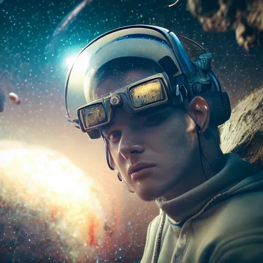 Prompt: a dramatic pose of a man wearing explorers clothes, closeup, in action, motion blur, space scene background, photo realistic, hyper detailed, trending on artstation, unreal engine 5, octane render, by martin schoeller