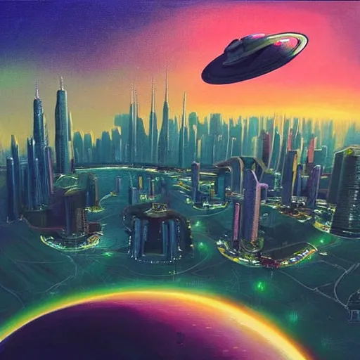 Prompt: Beautiful city of the future in harmony with nature, spaceship in the sky. Nice colour scheme, soft warm colour. Beautiful painting by Lurid. (2022)