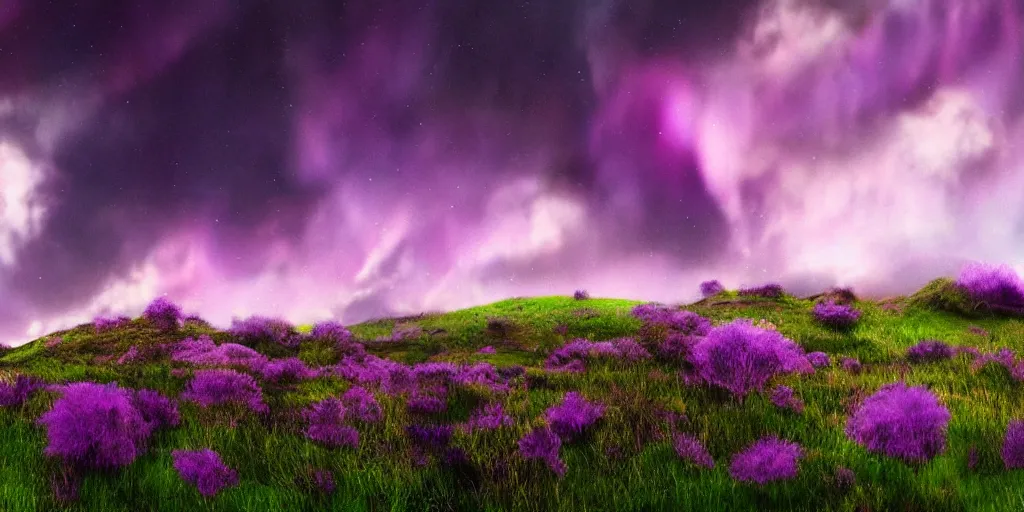 Prompt: An atmospheric scene of lush, purple, grass and beautiful skies with aurora boreals , hyper realistic, pintrest, deviant art, 8k, matte painting, high detail,