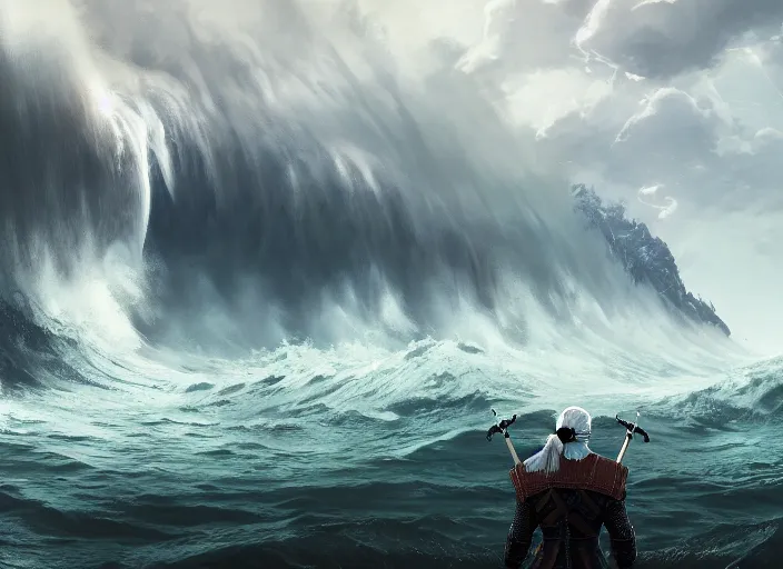 Prompt: A massive tsunami wave as the witcher 3 loading screen, intricate, dystopian, fantasy, extremely detailed, digital painting, artstation, concept art, smooth, sharp focus, illustration, intimidating lighting, incredible art by artgerm and greg rutkowski and alphonse mucha and simon stalenhag