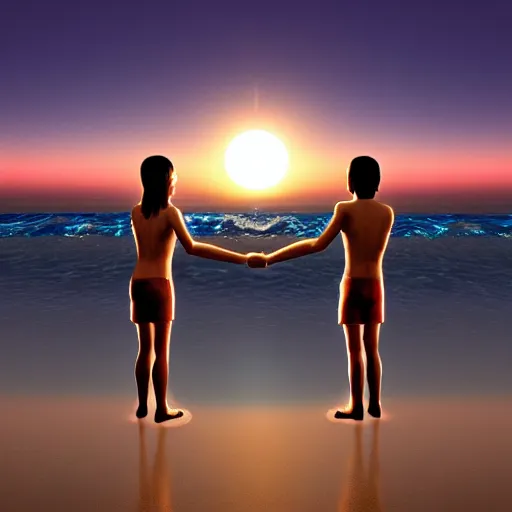 Image similar to a male and a female angels holding hands, seen from the back on a beach made of shiny crystals, at sunset, highly detailed digital art, trending on artstation