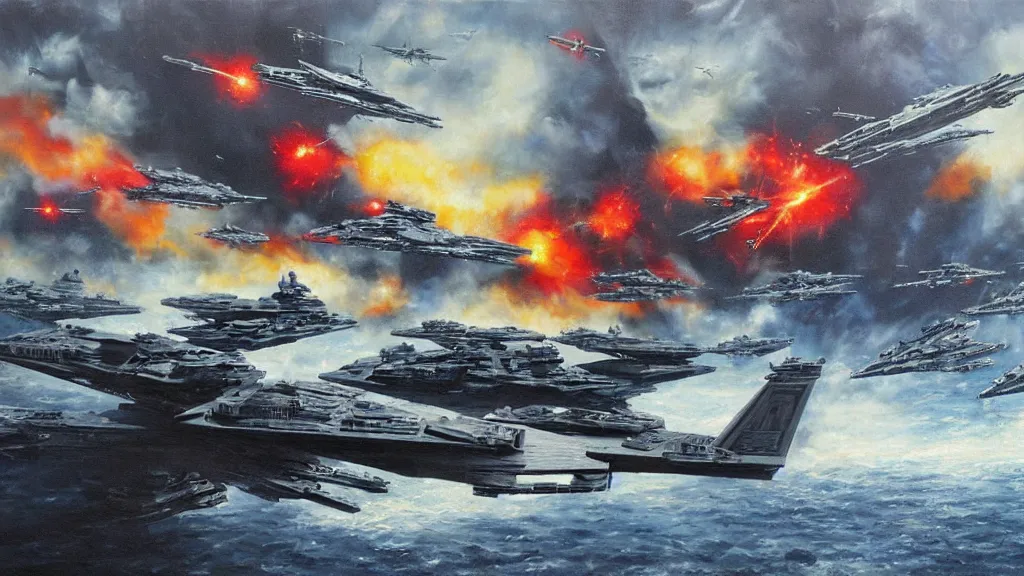 Image similar to Stockholm under attack by star wars destroyers and TIE fighters, oil painting,