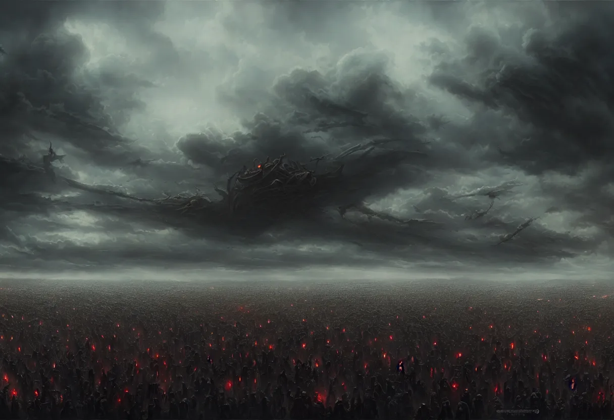 Image similar to dark ominous apocalyptic sky with millions of zombies outstretching towards the sky,, fantasy, intricate, elegant, highly detailed, digital painting, artstation, concept art, smooth, sharp focus, octane render, dramatic lighting, volumetric lighting, cinematic lighting, art by artgerm and greg rutkowski and alphonse mucha and wlop