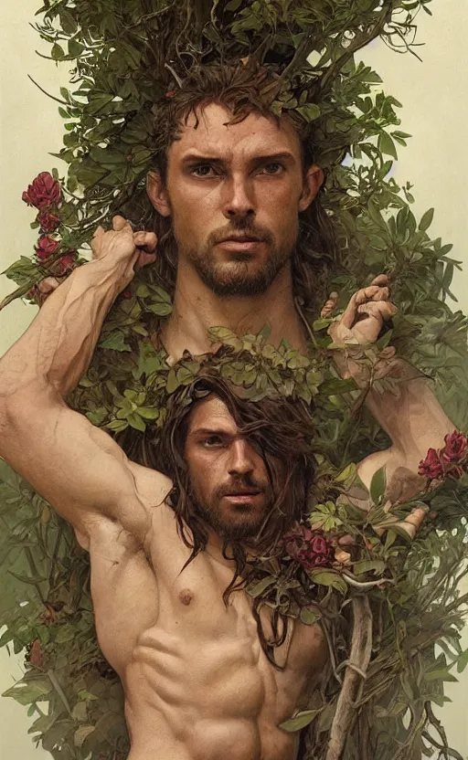 Image similar to god of the forest, 3 0 years old, rugged, handsome, male, detailed face, clean lines, atmospheric lighting, amazing, full body, thighs, flowers, muscular, intricate, highly detailed, digital painting, deviantart, concept art, sharp focus, illustration, art by greg rutkowski and alphonse mucha