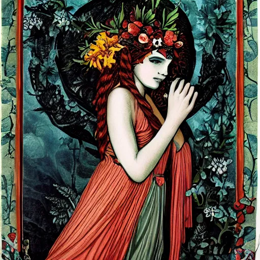 Prompt: persephone as goddess of death and flowers