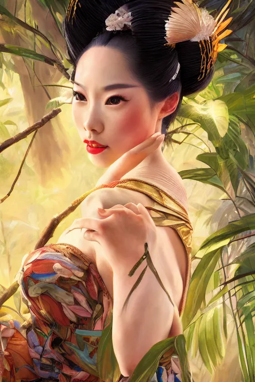 Image similar to stunningly beautiful, peruvian geisha prima ballerina in jungle, symmetrical face, golden hour, smooth, focus, highly detailed, hyper realistic, dramatic lighting, elegant, intricate, concept art, art by wlop, mars ravelo, greg rutowski, artstation