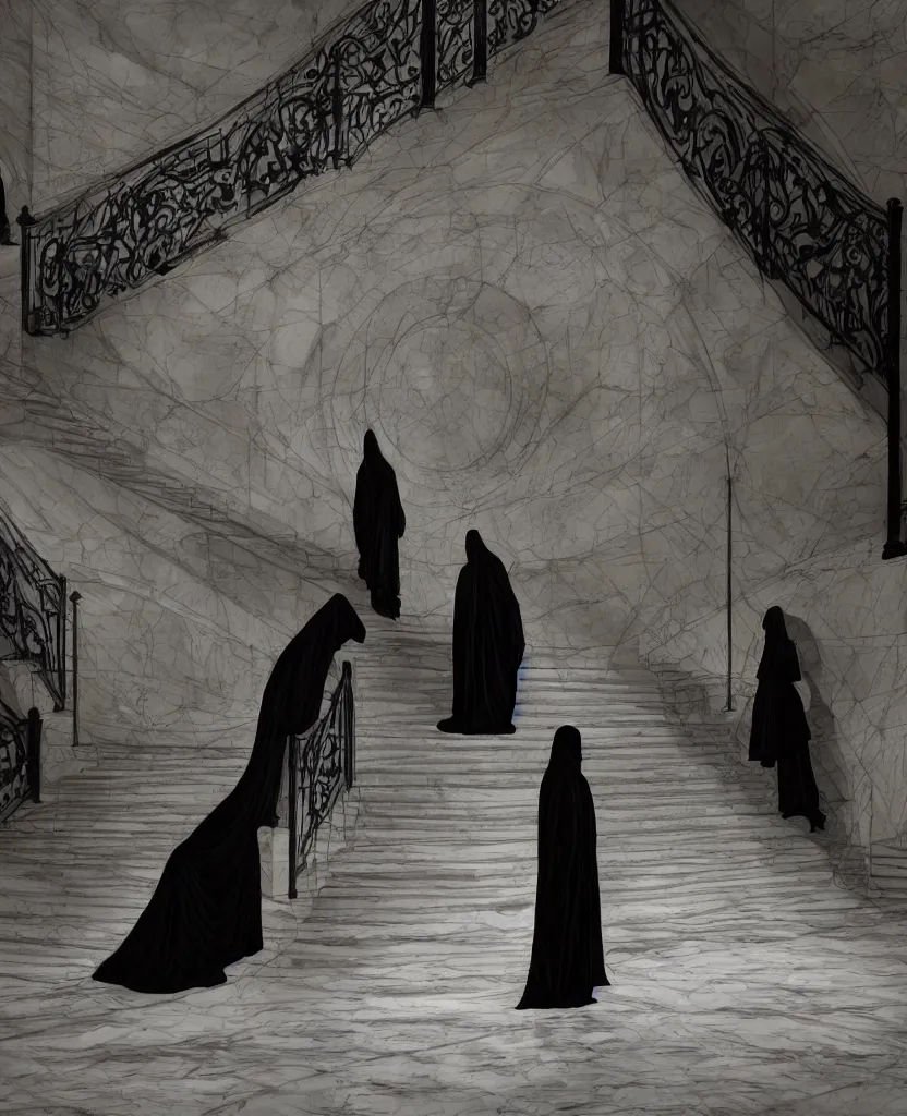 Prompt: several ritualistic figures shrouded in a long trailing dark black opaque gown, descending in tandem down a giant marble staircase away from a conference room, photorealism, hyperrealism, harsh lighting, dramatic lighting, medium shot, serious, gloomy, foreboding, cinematic, creepy