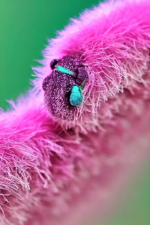 Image similar to high quality close-up photo pearlescent fluffy caterpillar! gorgeous highly detailed hannah yata elson peter cinematic pink lighting high quality low angle hd 8k sharp shallow depth of field