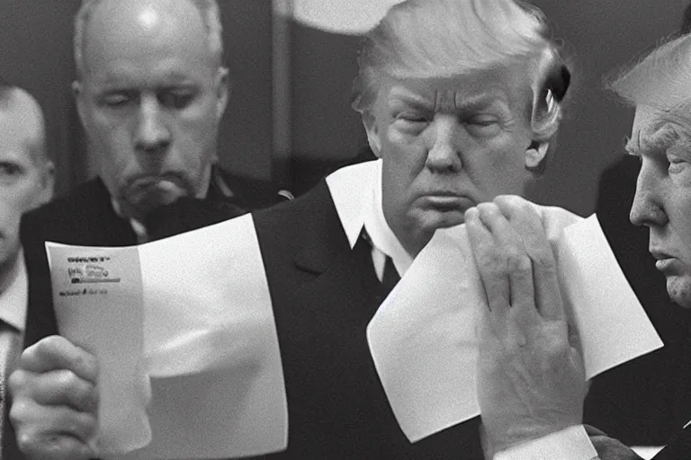 Prompt: black and white security camera footage of Trump putting papers in a toilet, grainy, distorted, blurry