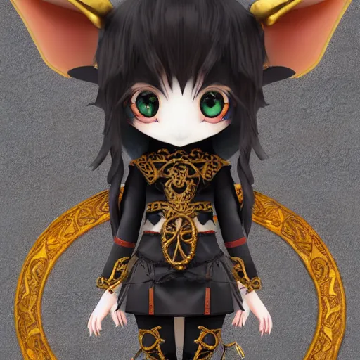 Image similar to cute fumo plush of a goat girl with horns, anime girl, tribal outfit with intricate celtic knot patterns, golden pauldrons, gothic maiden empress, black and white, stark shadows, artstation, vray