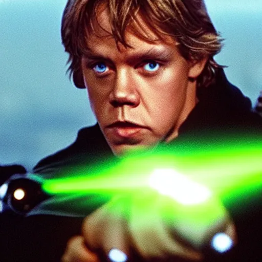 Image similar to Luke Skywalker holding his green lightsaber and looking concerned