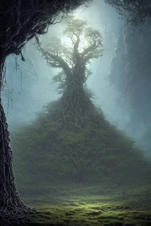 Image similar to a macro of an ancient tree made from cables and bio - organic micro organisms growing in a mystical setting, cinematic, beautifully lit, by tomasz alen kopera and peter mohrbacher and craig mullins, 3 d, trending on artstation, octane render, 8 k