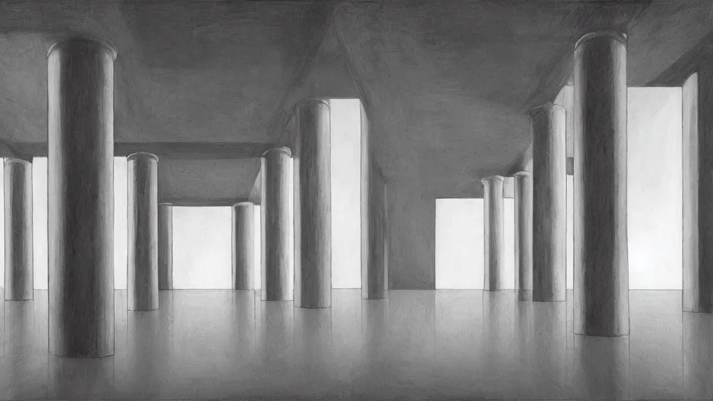 Image similar to minimalist industrial interior hallway with monolithic pillars in the style of ridley scott and stanley kubrick, impossible architecture, ultra view angle view, lone person in the distance, realistic detailed painting by edward hopper