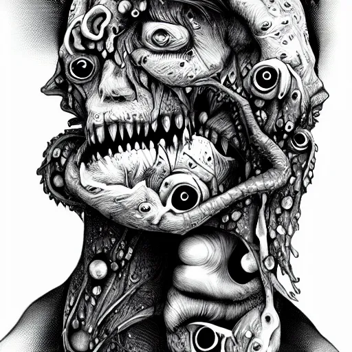 Image similar to black and white illustration creative design, monster, body horror