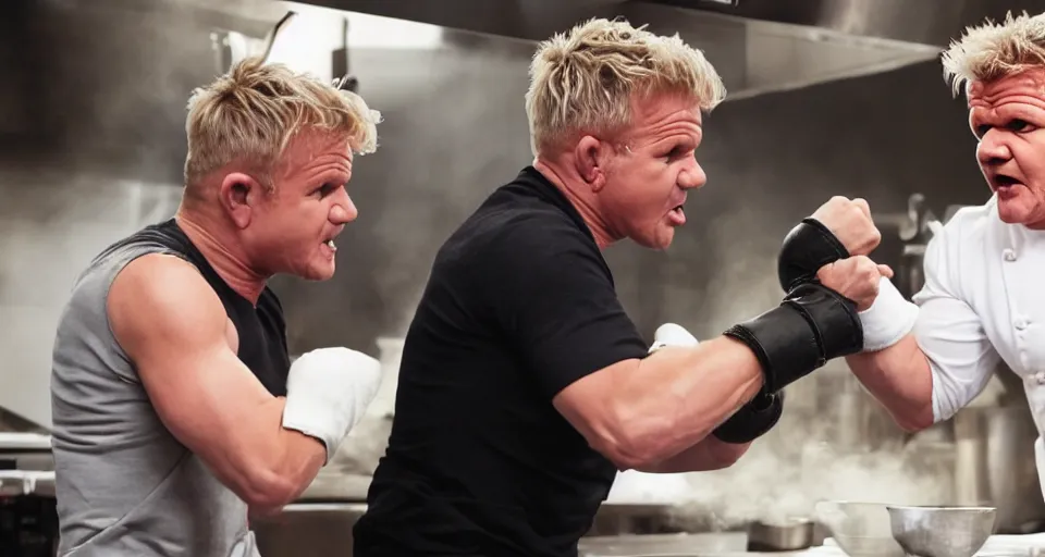 Image similar to photo of angry furious Gordon Ramsay punching Gordon Ramsay at the kitchen