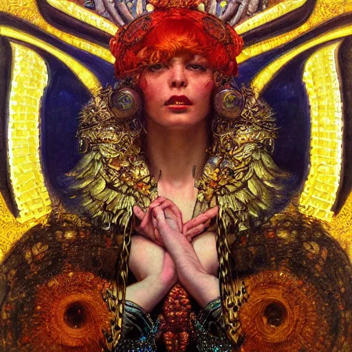 Image similar to baroque portrait of an art deco machine shaman, reflective detailed textures, highly detailed fantasy science fiction painting by annie swynnerton and jean delville and moebius, norman rockwell and william holman hunt. modern industrial shaman, rich colors, high contrast. artstation