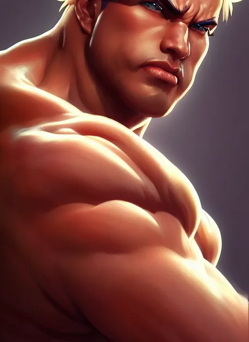 Image similar to Portrait of Ken from Street Fighter, muscular, robes! intricate, elegant, highly detailed, digital painting, artstation, concept art, smooth, sharp focus, illustration, art by artgerm and greg rutkowski and alphonse mucha