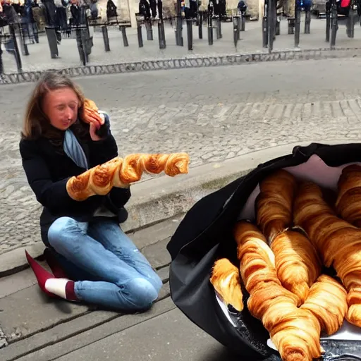 Prompt: dog eating croissants in paris, photo