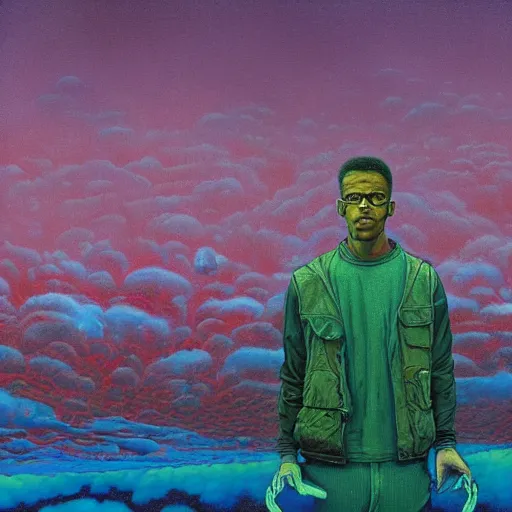 Prompt: figurative Malcom X portrait inspired in beksinski and dan mumford work, remixed with Simon Stalenhag work, sitting on the cosmic cloudscape, epic color palette, blue neon rain, cinematic shoot