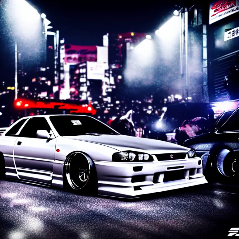 Image similar to a car Nissan R33 GTR twin turbo drift at illegal car meet, Shibuya prefecture, city midnight mist lights, cinematic lighting, photorealistic, highly detailed wheels, high detail