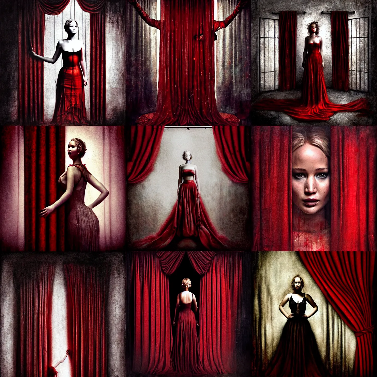 Prompt: Jennifer Lawrence as a strings puppet behind red curtains by Brooke Shaden, strings clearly visible, medium shot, intricate, dystopian, sci-fi, extremely detailed, digital painting, artstation, concept art, smooth, sharp focus, illustration, intimidating lighting, incredible art, details visible, very dark ambiance