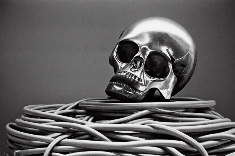 Image similar to large metallic skull sitting atop a pile of thick coiled power cable, stoic and calm, inside of an unlit 1970s science lab, ektachrome photograph, volumetric lighting, f8 aperture, cinematic Eastman 5384 film