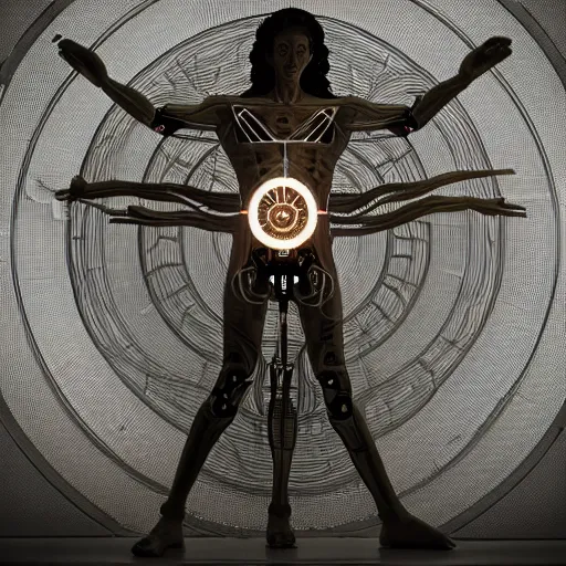 Image similar to beautiful centered fine art photo of vitruvian man as a solarpunk robotic humanoid, white mechanical parts with led lights, bouguereau style pose, photorealistic, white background, highly detailed and intricate, soft box lighting, hdr 8 k