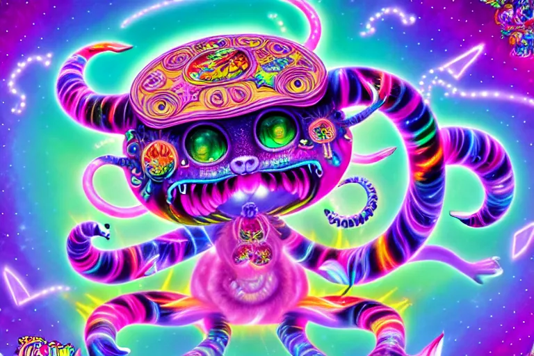 Image similar to lisa frank illustration of rebulon the cute ancient demon, by lisa frank, masterpiece concept art, 8 k, intricate detail, cinematic lighting, epic pose, bright colors