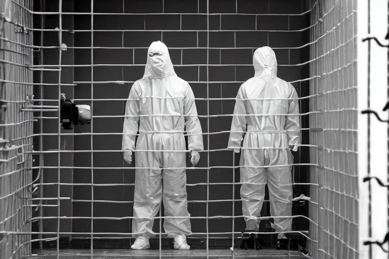 Prompt: a cinematic portrait of a prisoner dressed in a a black and white striped hazmat suit in a small prison cell, fog storm, annie leibovitz and zack snyder, 8 k, hd, high resolution, 8 5 mm, f / 1. 8