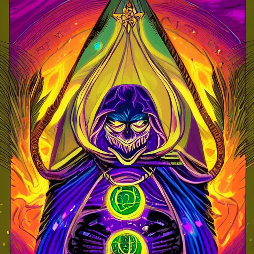 Image similar to digital tarot card painting of a powerful warlock, hyperdetailed, vivid colors, beautiful, magic spell, by Dan Mumford, trending on Artstation