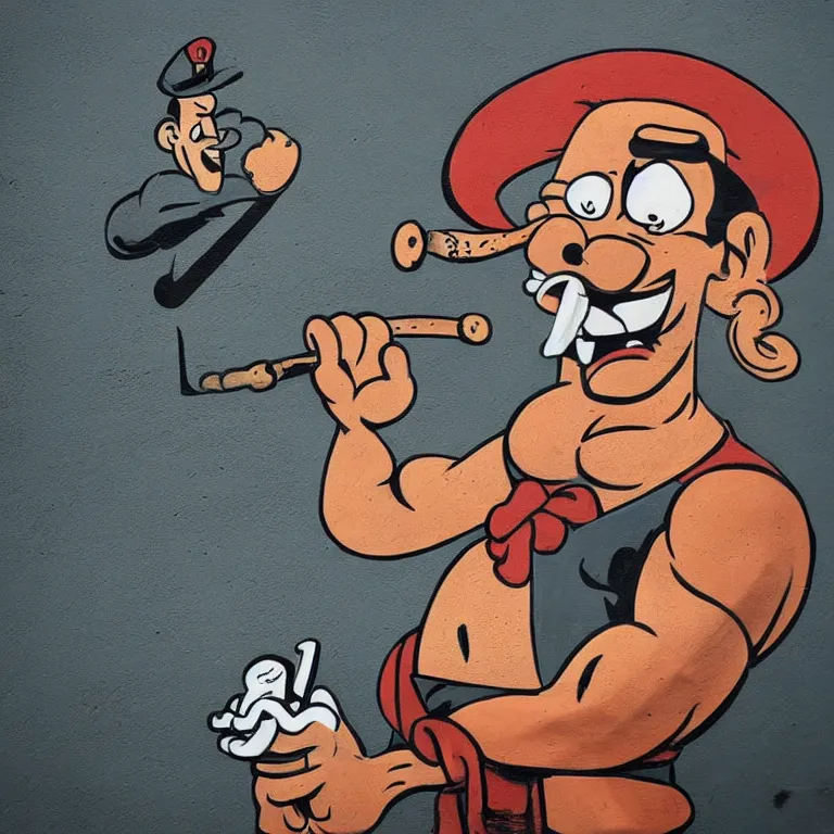 Image similar to Street-art portrait of Popeye the Sailor with huge forearms with two anchor tattoos, skinny upper arms, and corncob pipe. in style of Edward Hopper, comic character, photorealism