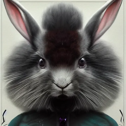 Prompt: tom bagshaw, soft painting fractal curiosities carnival, very beautiful female rabbit hybrid in full ornated nightshade fur armor, partial symmetry accurate features, focus, very intricate ultrafine details, black white purple volumetric clouds, award winning masterpiece, octane render 8 k hd