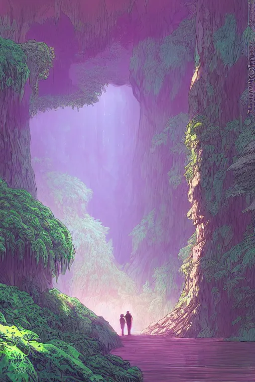 Image similar to concept art painting of a forest in a cave, artgerm, moebius, inio asano, toon shading, cel shading, calm, tranquil, vaporwave colors,