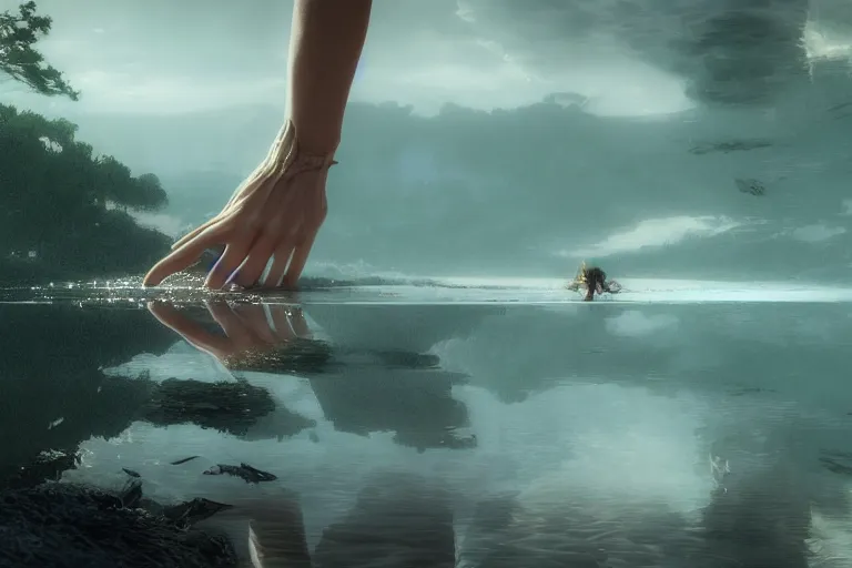 Image similar to first person perspective of a woman looking at her hands full of rings, the woman is reflected in the water of a lake, in the style of ruan jia, illustration, epic, fantasy, hyper detailed, smooth, unreal engine, sharp focus, ray tracing