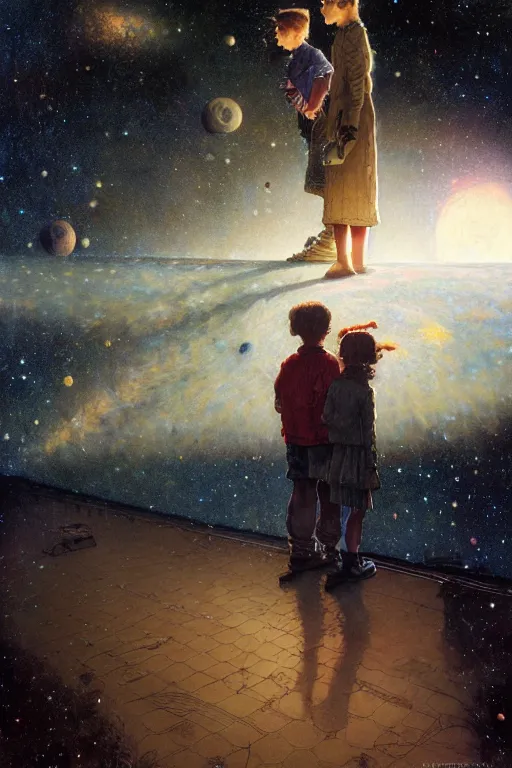 Image similar to a 1 2 year old boy and 1 0 year old girl dreaming about a universe full of galaxies, part by norman rockwell, part by greg rutkowski, part by mattias adolfsson, high angle, ( ( ( ( volumetric lighting ) ) ) ), oil on canvas