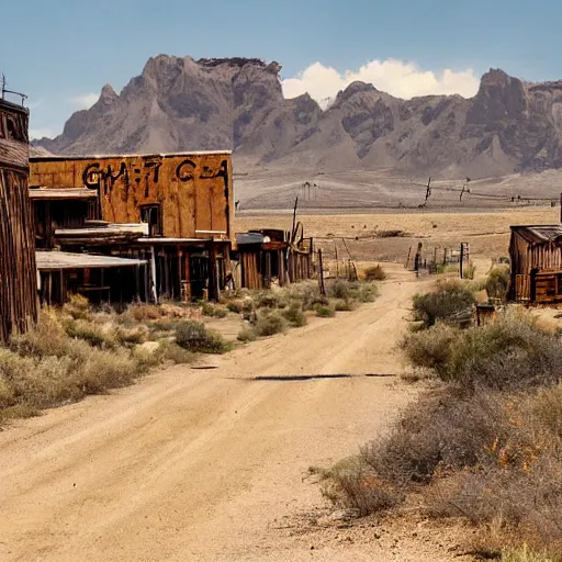 Prompt: dystopian rustic western ghost town, deserted dirt streets, tumbleweeds, weathered wood buildings, mountain range in background, painting