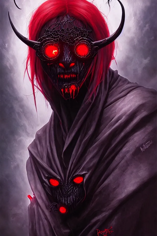 Prompt: a striking spooky portrait of a pitch black masked eldritch shaman with sinister red eyes by moebius and ross tran and artgerm deta