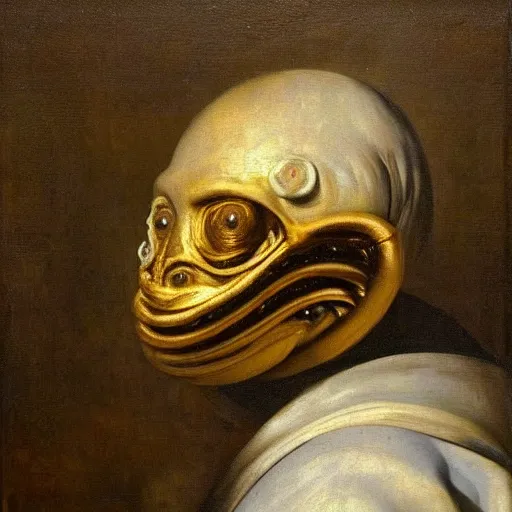 Prompt: portrait of an alien, oil on canvas, baroque, Rembrandt, Rubens, Vermeer, extremely detailed, masterpiece, rich colours, intense contrast, chiaroscuro, intricate, Dutch golden age