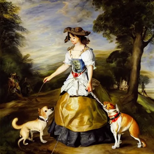 Prompt: heavenly summer sharp land sphere scallop well dressed lady walking her chihuahua on a leash auslese, by peter paul rubens and eugene delacroix and karol bak, hyperrealism, digital illustration, fauvist, chihuahua on a leash