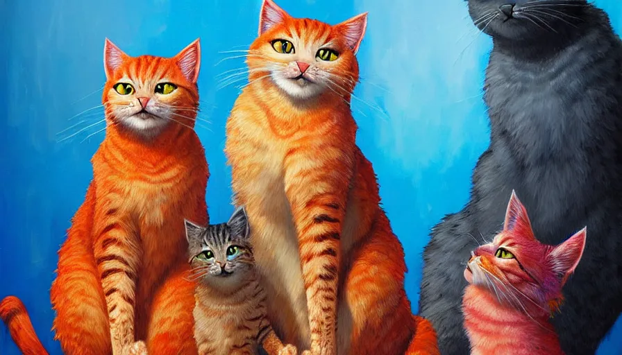 Image similar to highly detailed contemporary acrylic painting of really tall sitting cats by justin gerard, thick brush strokes and visible paint layers, vivid multicolor scheme