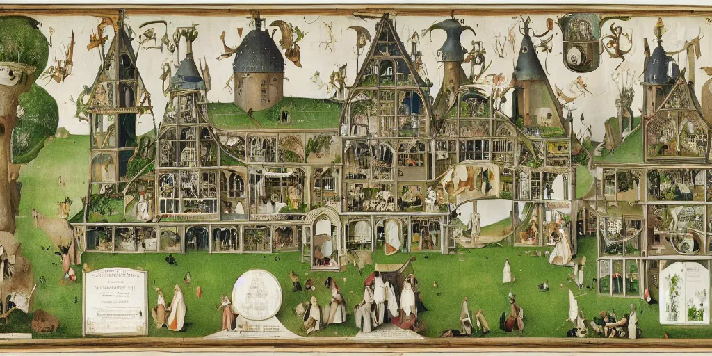 Image similar to greenhouse, side view, cutaway, intricate map diagram, section, insanely detailed, victorian style, hieronymus bosch, 8 k