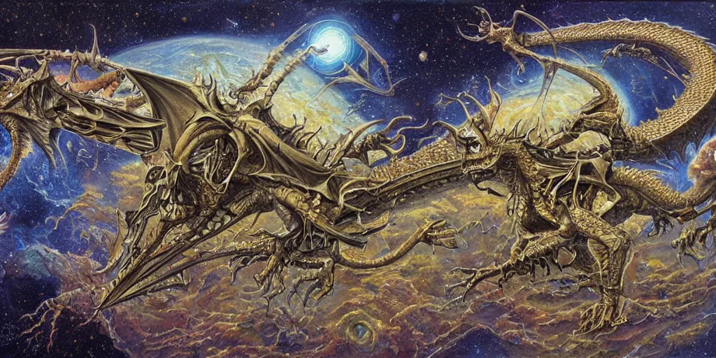 Prompt: a dragon skeleton floating in outer space, Dan Seagrave art