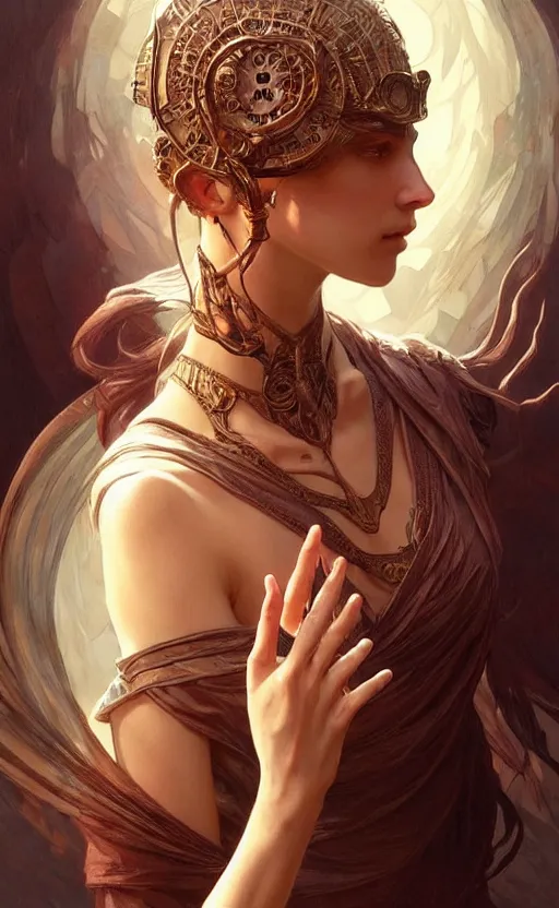 Image similar to esoteric hand gestures!!!, d & d, fantasy, intricate, elegant, highly detailed, digital painting, artstation, concept art, smooth, sharp focus, illustration, art by artgerm and greg rutkowski and alphonse mucha