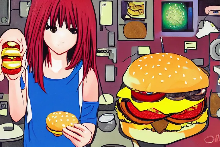 Image similar to painting of girl eating a hamburger, anime, cluttered, electronics, wire, dark lighting