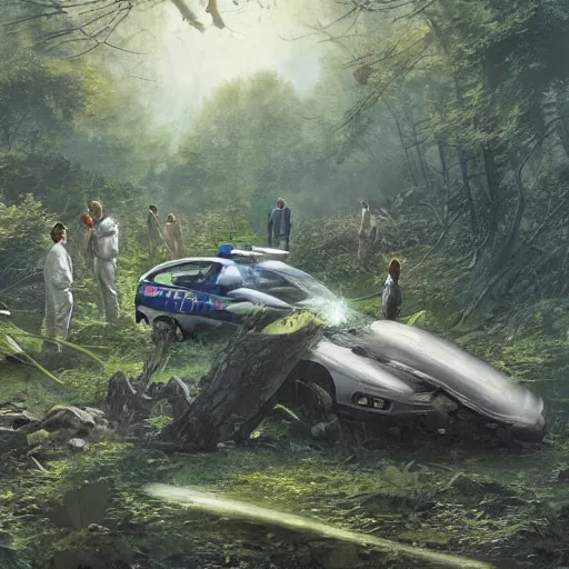 Prompt: a [ team of scientists, police officers, and news reporters ] surround a crashed ufo in the [ middle of a forest ]!!, [ digital art ]!!, trending on cgsociety, 4 k quality, illustrated by greg rutkowski, mary anning, peder balke, balthus, and gaston bussiere