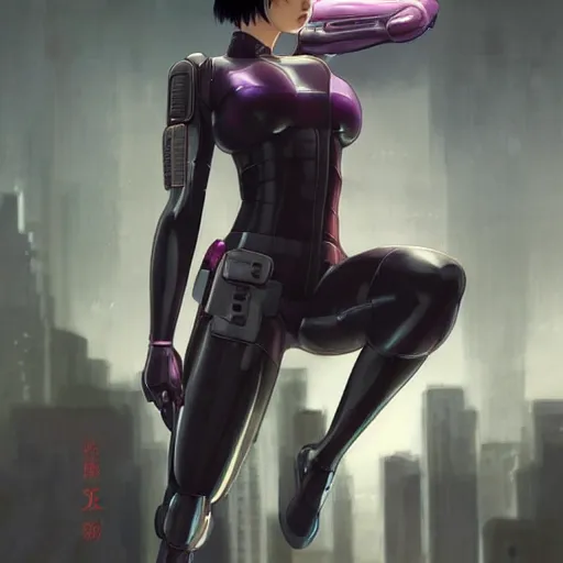 Prompt: motoko kusanagi from ghost in the shell, getting ready to fight, heroic pose, urban motifs, intricate, elegant, highly detailed, digital painting, trending on artstation, concept art, smooth sharp focus, illustration, art by artgerm and greg rutkowski