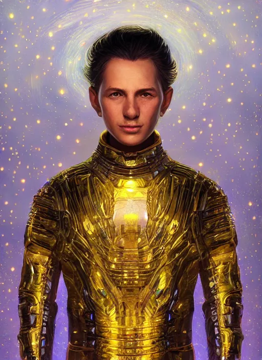 Image similar to masterpiece portrait of a cosmic man wearin glowwave armor, au naturel, hyper detailed, digital art, trending in artstation, cinematic lighting, studio quality, smooth render, unreal engine 5 rendered, octane rendered, art style by klimt and nixeu and ian sprigger and wlop and krenz cushart