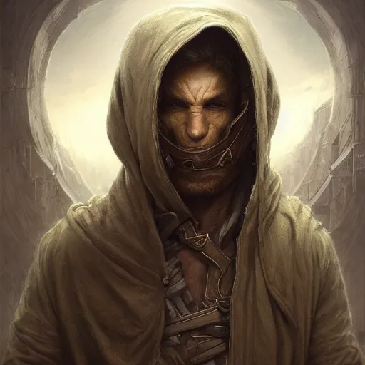 Image similar to portrait, mysterious male rogue wearing a cloak, covered face, rpg game, stern expression, main character, detailed, digital painting, artstation, sharp focus, illustration, artgerm, tomasz alen kopera, peter mohrbacher, donato giancola, joseph christian leyendecker, wlop, frank frazetta